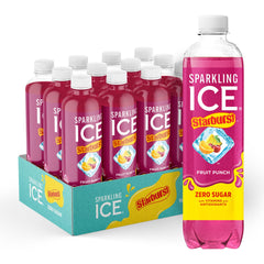 Sparkling Ice Starburst Fruit Punch bottle front showing vibrant color and zero sugar appeal.