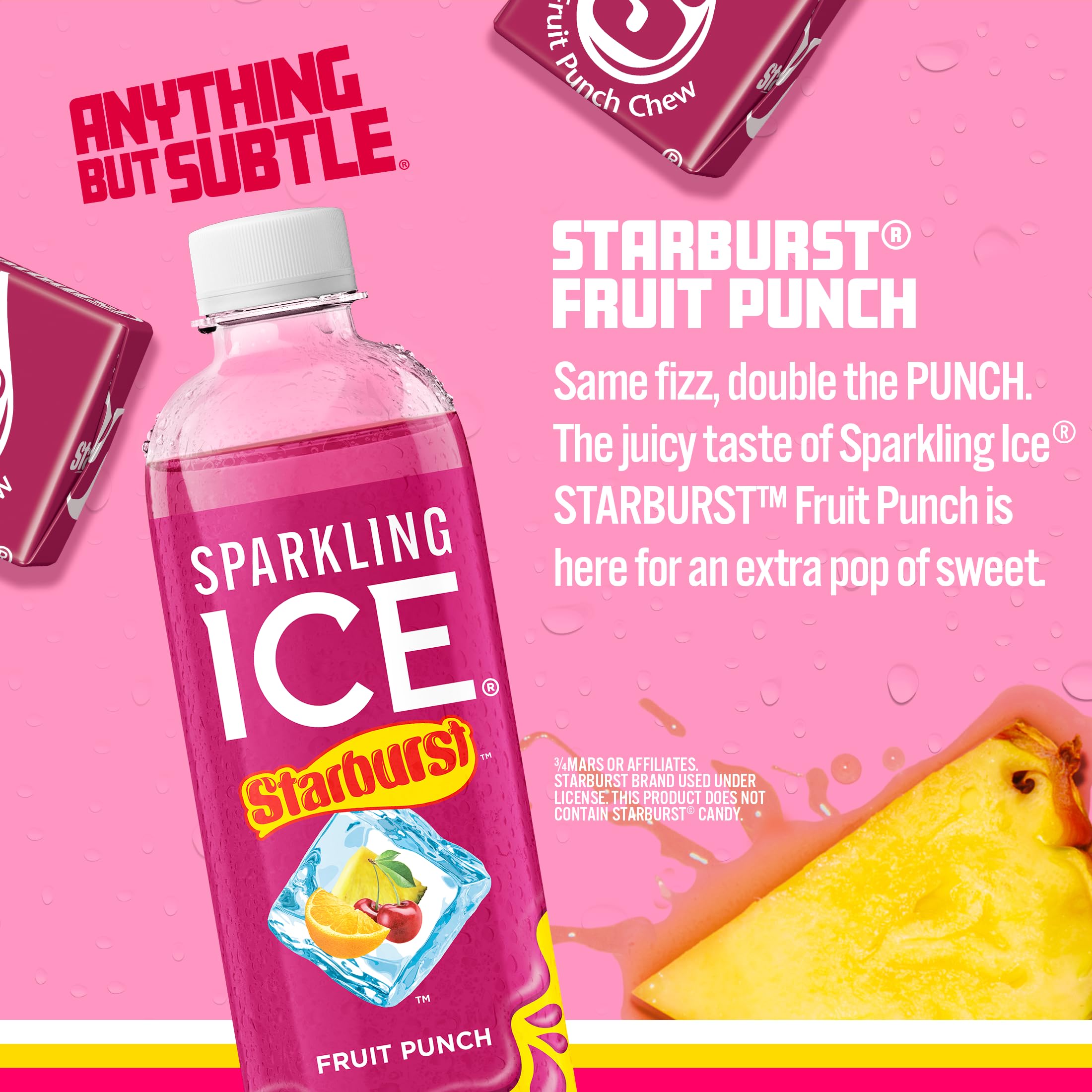 Starburst fruit punch label highlighting vitamin benefits and zero sugar.
