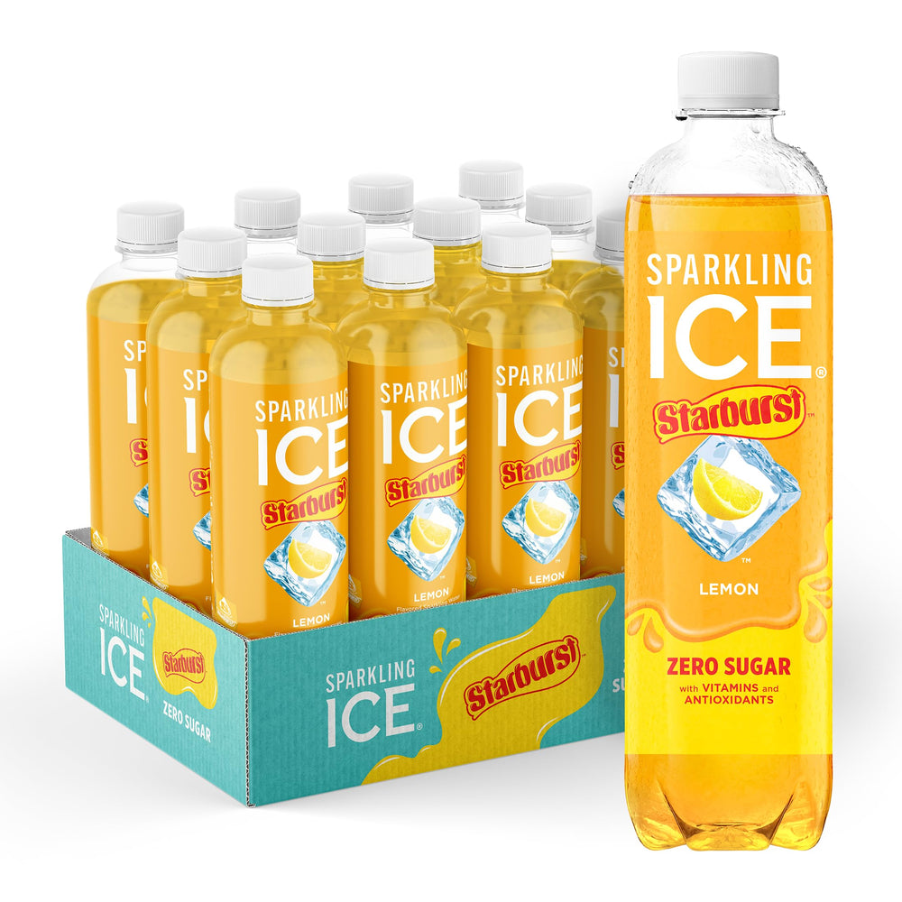 Sparkling Ice STARBURST Lemon bottle front shows bold flavor and zero sugar.