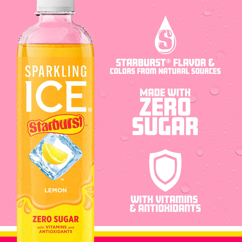 Chilled STARBURST Lemon bottle beside ice suggests refreshing on-the-go hydration.
