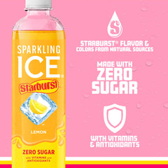 Chilled STARBURST Lemon bottle beside ice suggests refreshing on-the-go hydration.