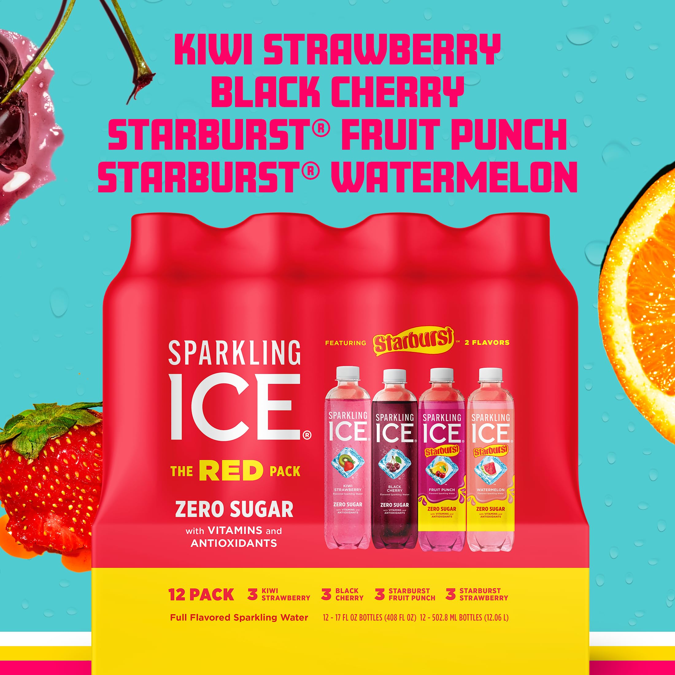 Sparkling Ice Starburst Red variety pack close-up on 16oz can