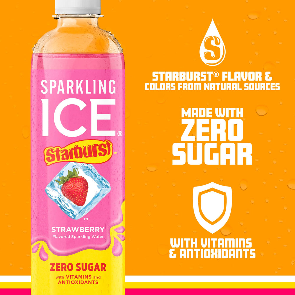 Sparkling Ice Starburst Strawberry bubbles atop a glass with fruity aroma