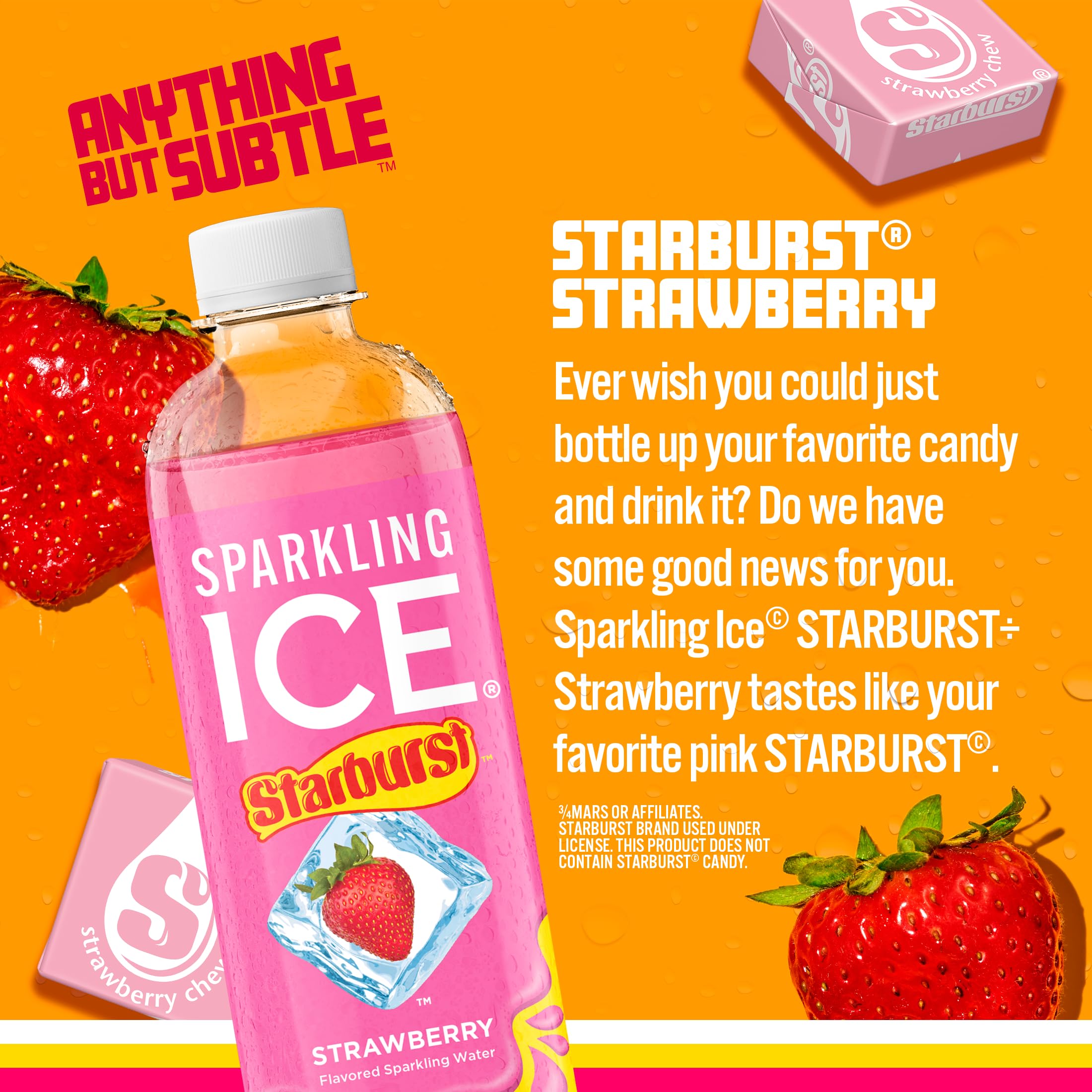 Sparkling Ice Starburst Strawberry pour scene highlights juicy flavor without sugar