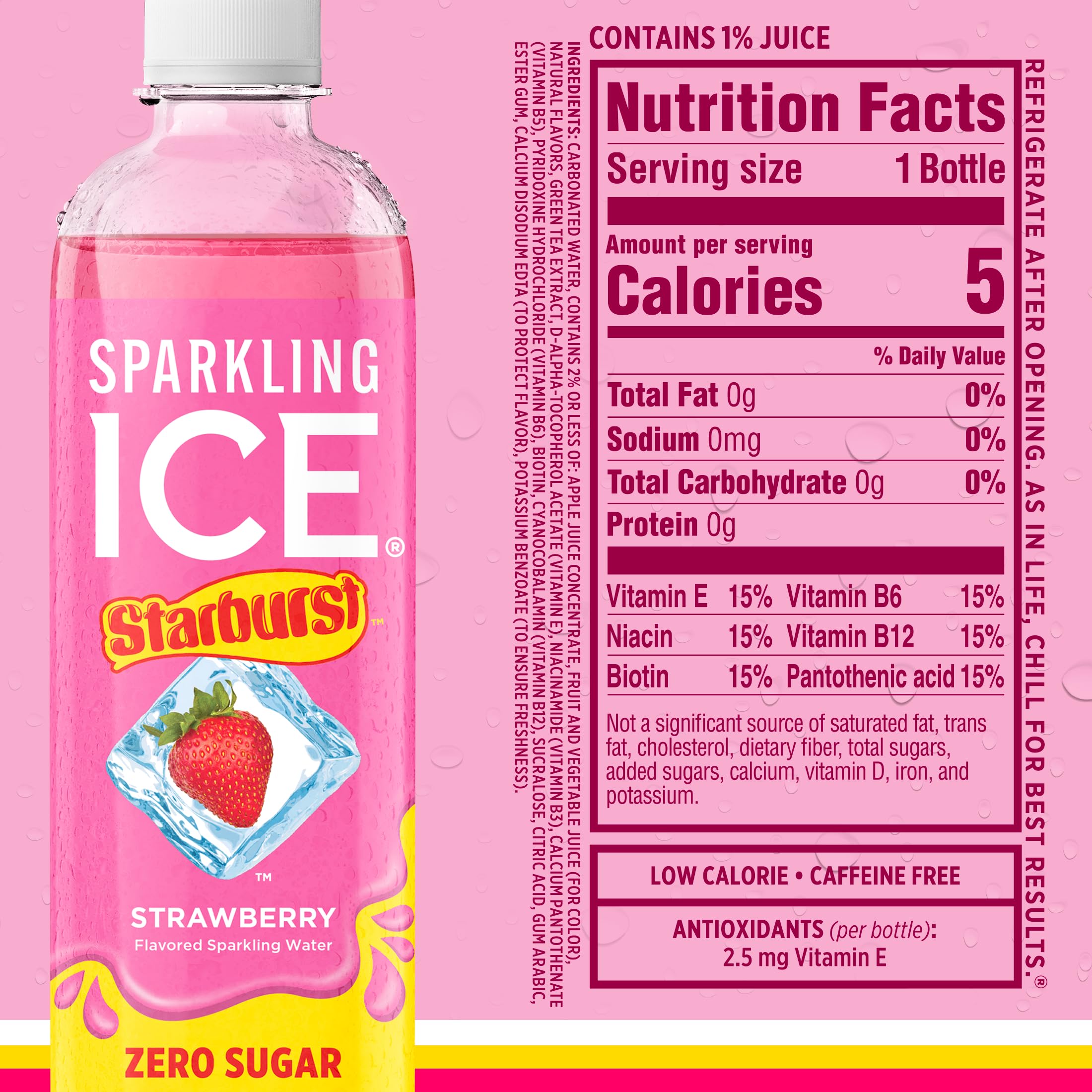 Sparkling Ice STARBURST variety pack showcases four juicy flavors.