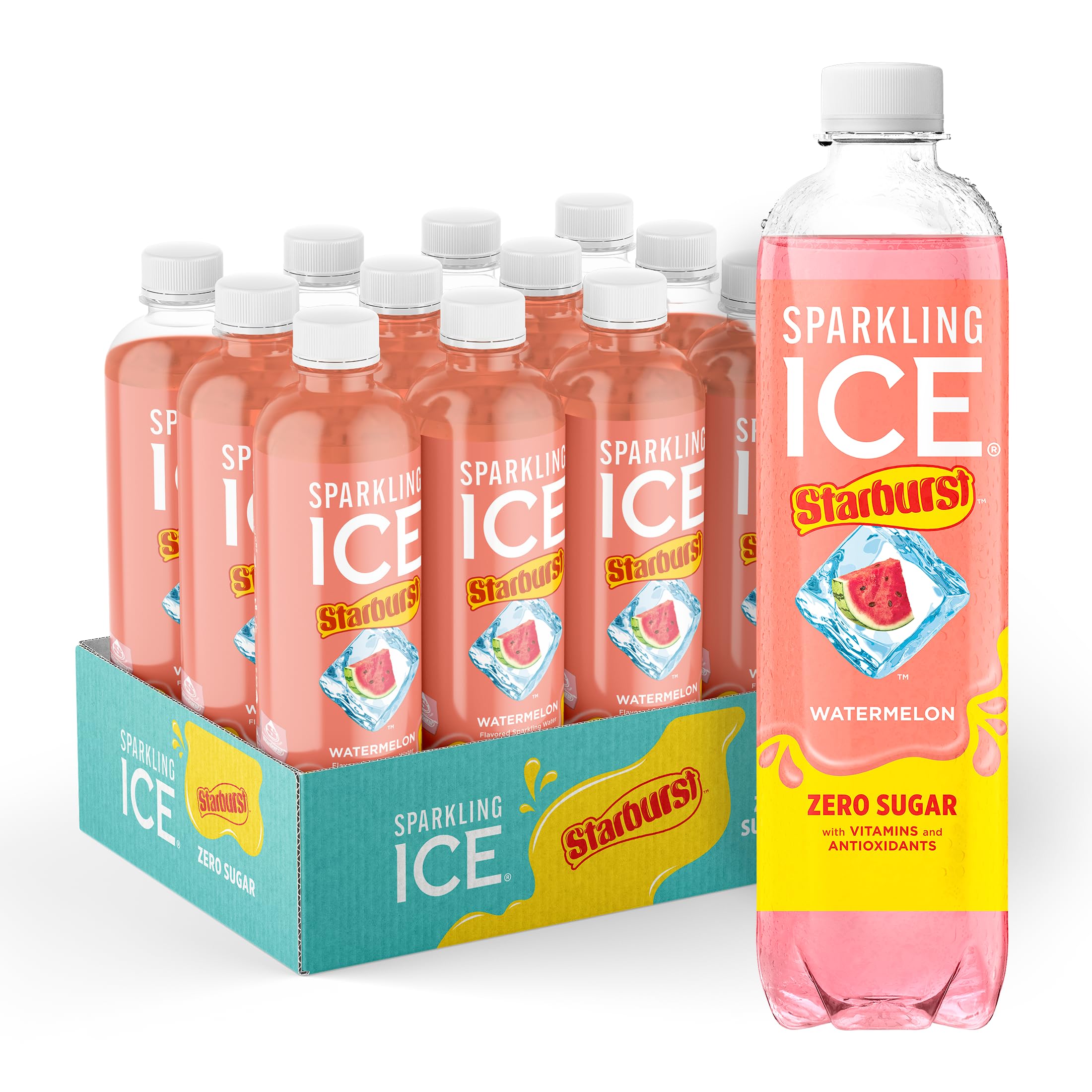 Sparkling Ice Starburst Watermelon bottle close-up showing zero sugar refreshment.