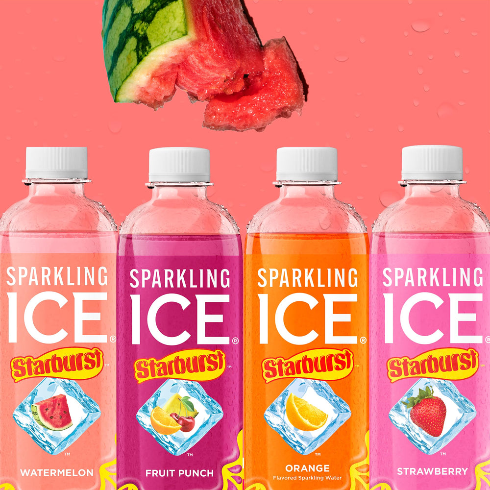 Sparkling Ice Starburst Watermelon bottle in a cooler, ideal for on-the-go hydration.