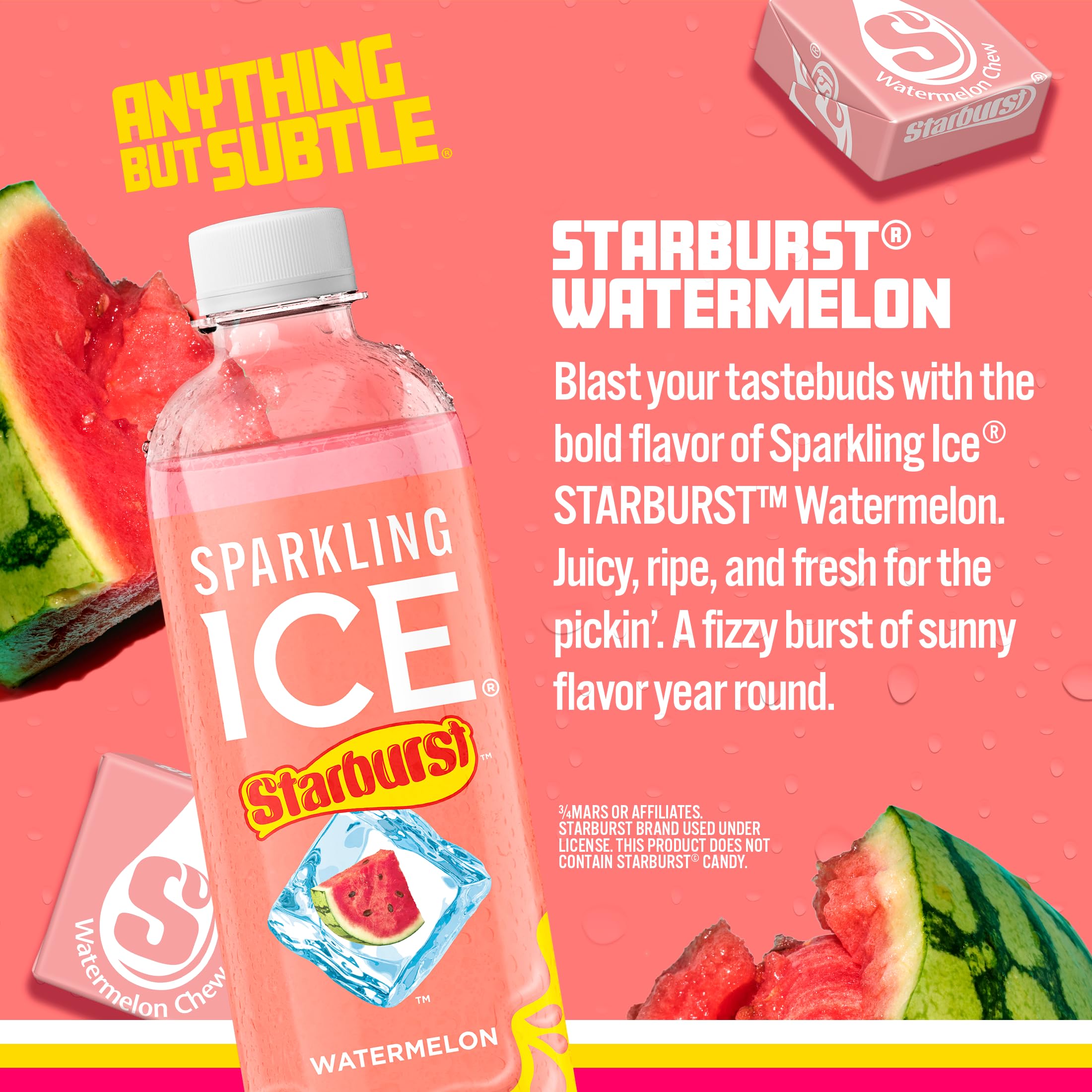Sparkling Ice Starburst Watermelon bottle beside a glass, emphasizing refreshment and low calories.