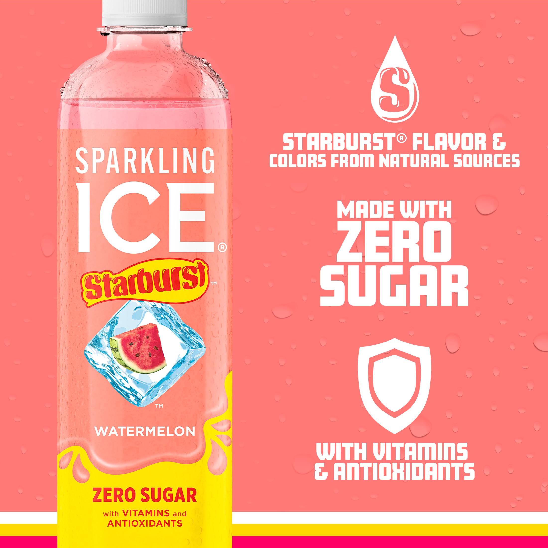 Sparkling Ice Starburst Watermelon bottle label highlights vitamins and antioxidants.