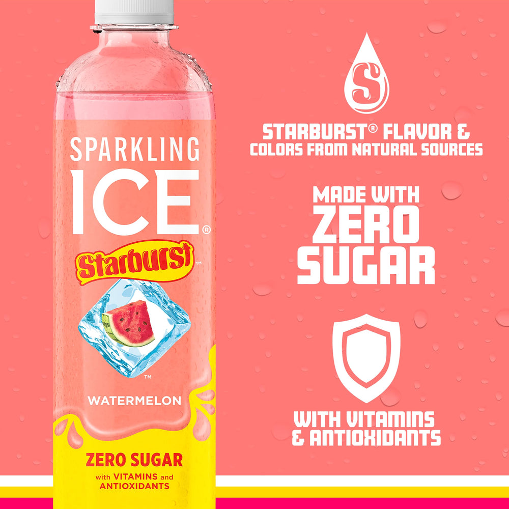 Sparkling Ice Starburst Watermelon bottle label highlights vitamins and antioxidants.
