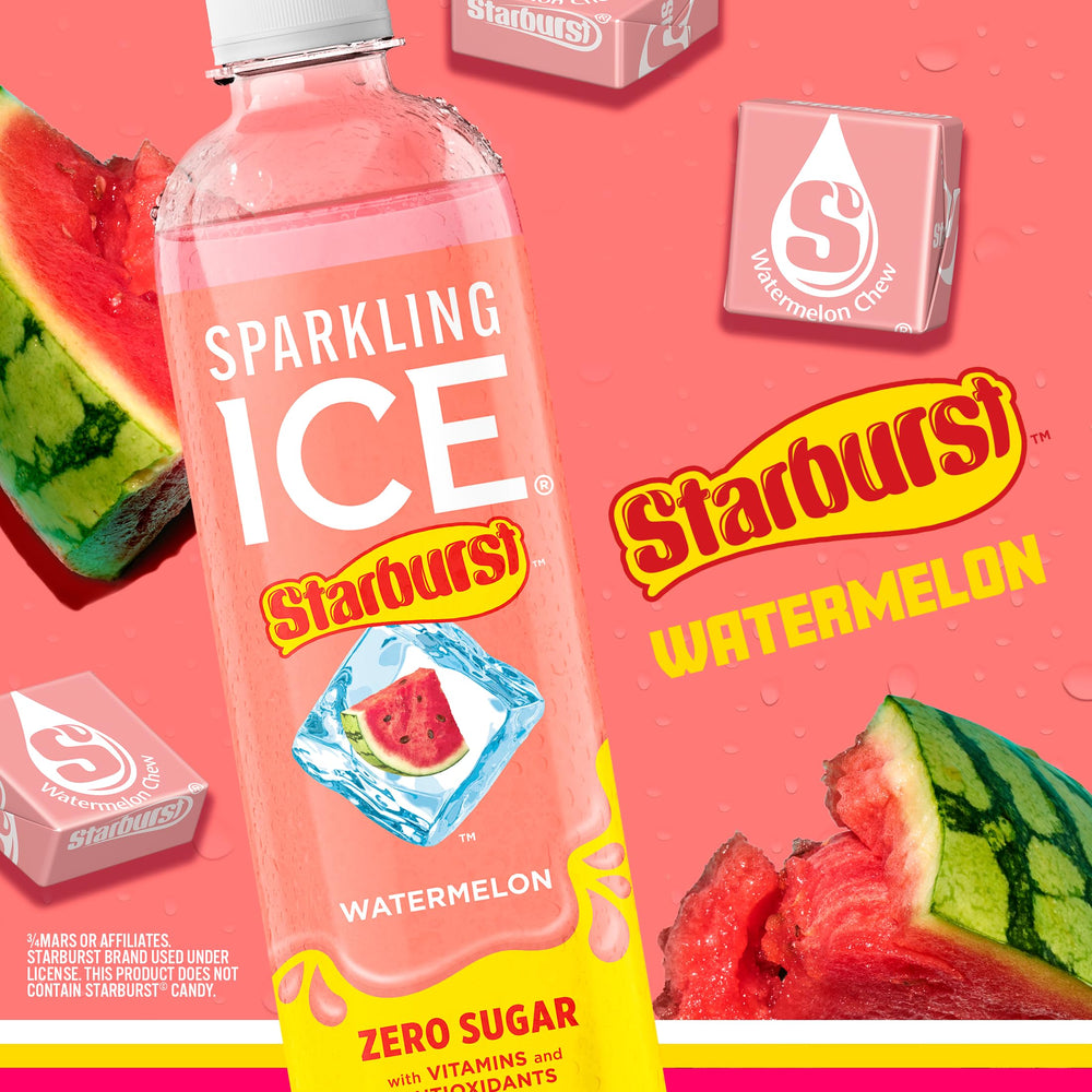 Sparkling Ice Starburst Watermelon being poured, showcasing refreshing fizz.