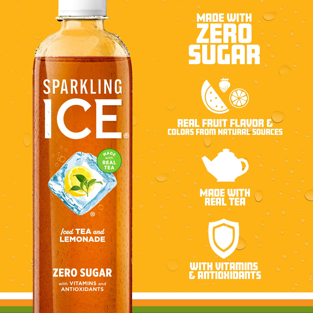 Close-up label showing vitamins on Sparkling Ice Tea Lemonade.