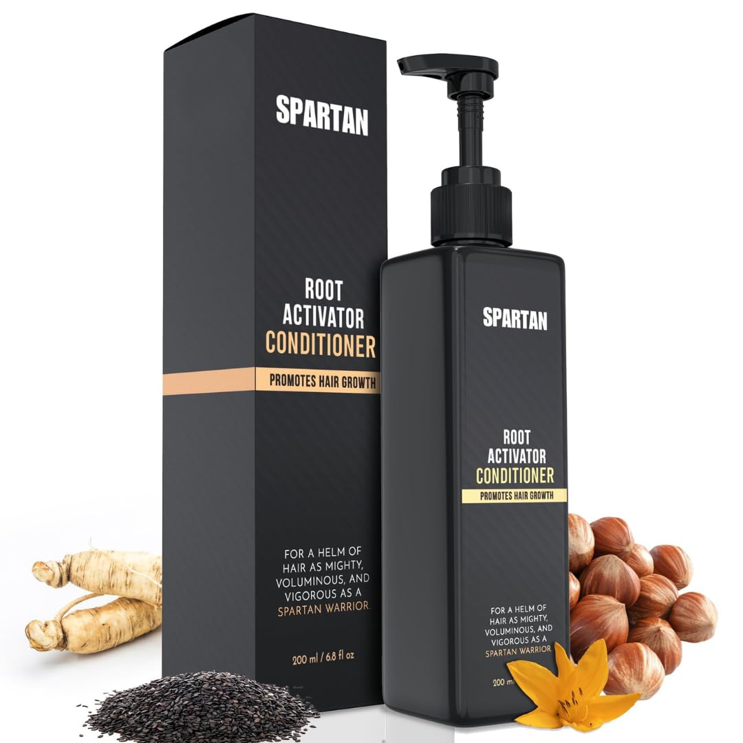 SPARTAN Root Activator Conditioner bottle pour for easy scalp nourishment.