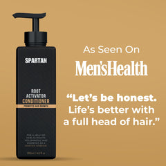SPARTAN Root Activator Conditioner closeup shows textured hair with potential thickness.