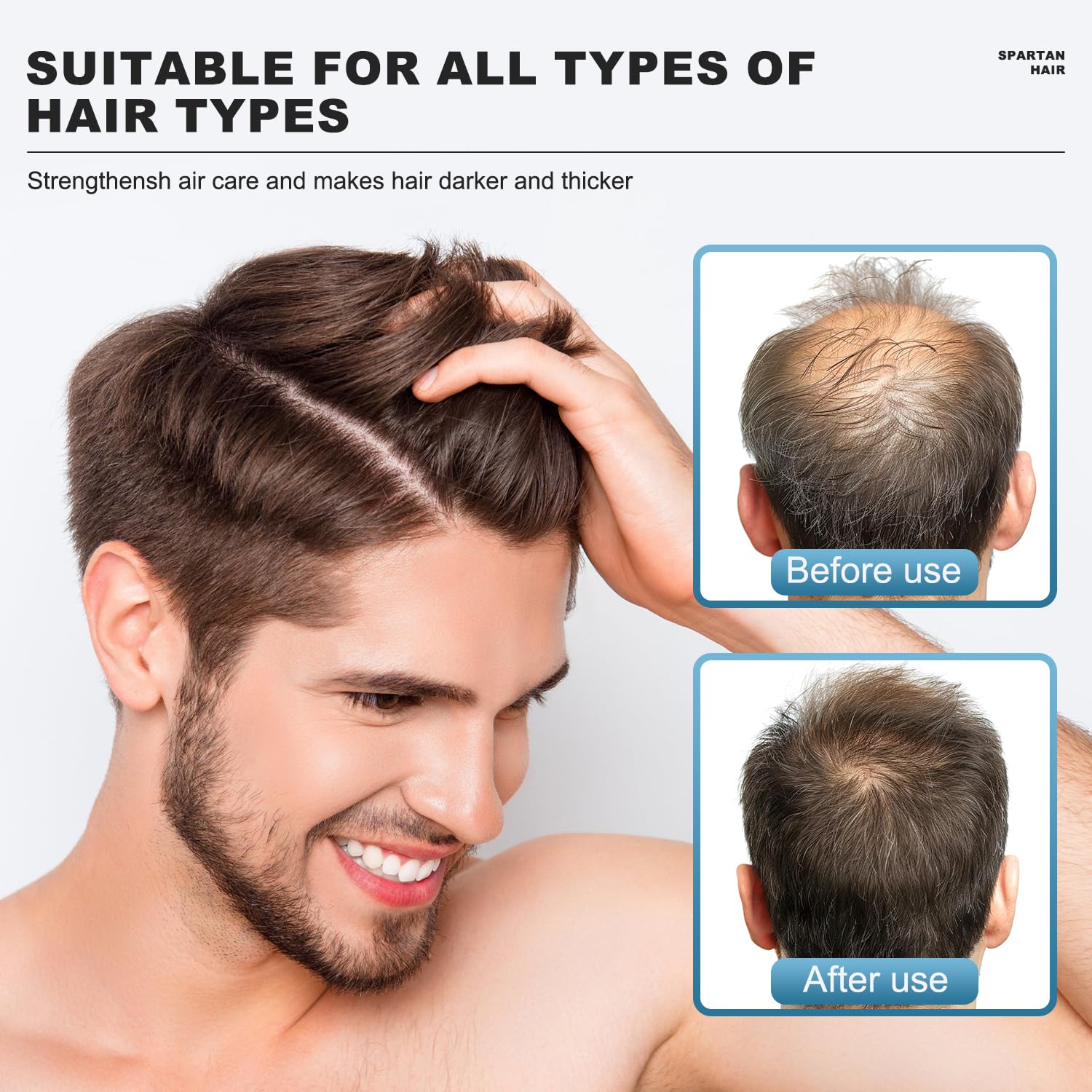 SPARTAN HAIR shampoo bottle close-up highlights daily-use, plant-based formula