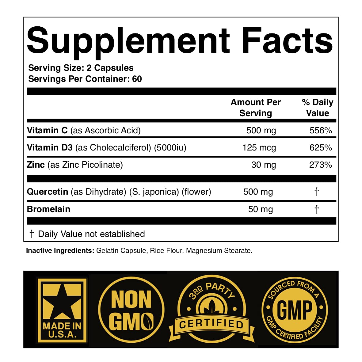 SPARTIS Zinc Quercetin 500mg label highlights zinc picolinate and vitamin C