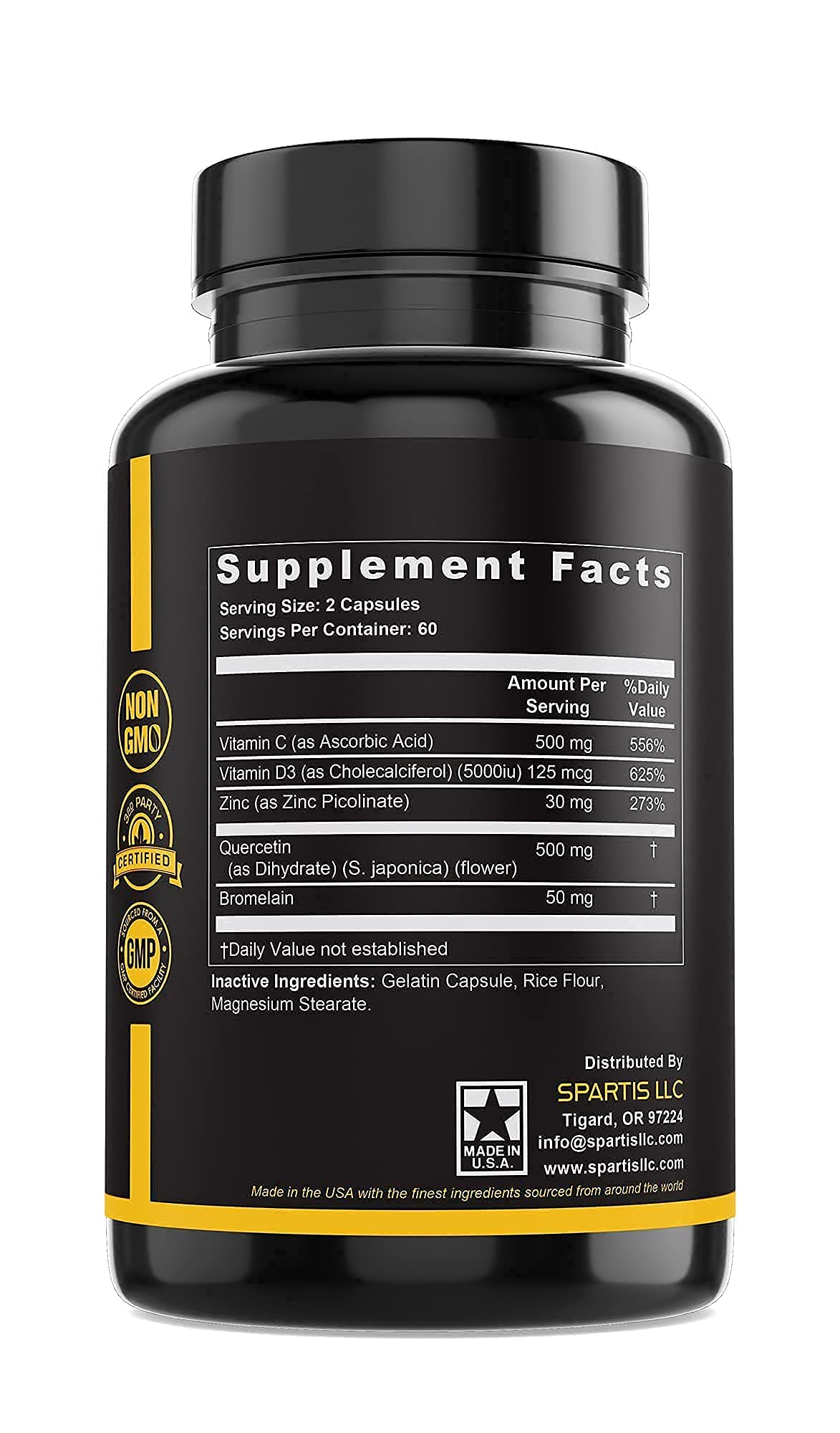 SPARTIS Zinc Quercetin 500mg US-made seal on bottle