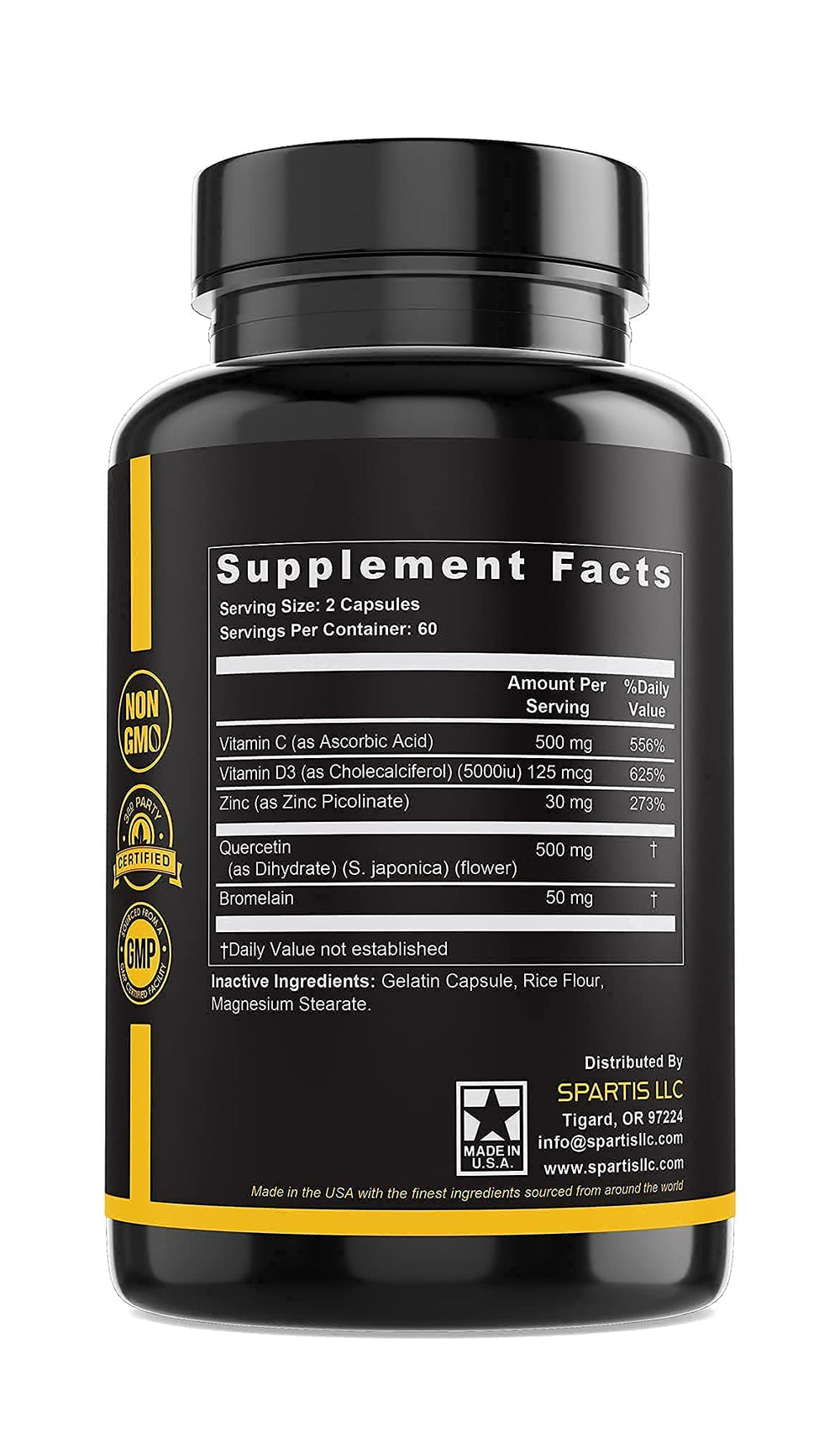 SPARTIS Zinc Quercetin 500mg US-made seal on bottle