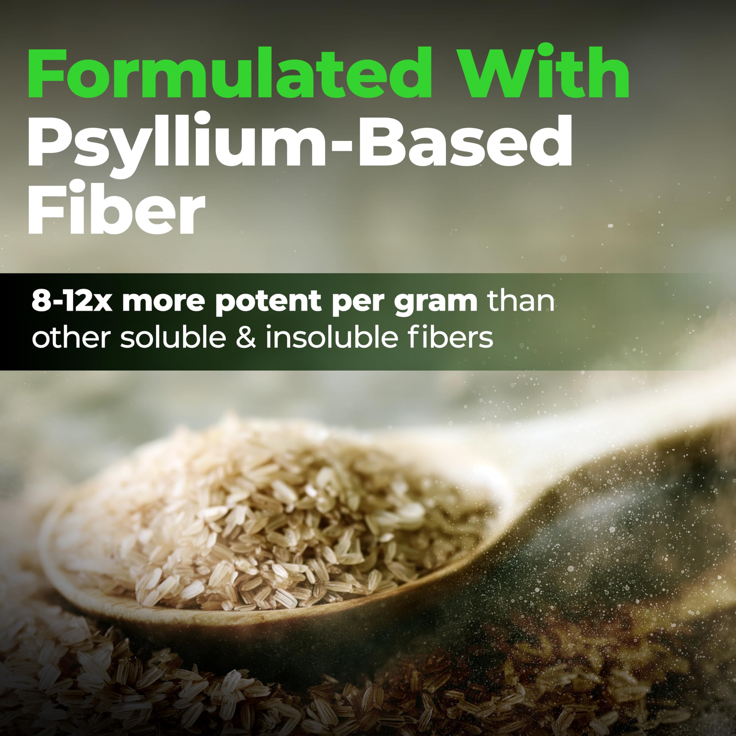Fiberlyze powder closeup reveals texture and high-swell psyllium for easy absorption.