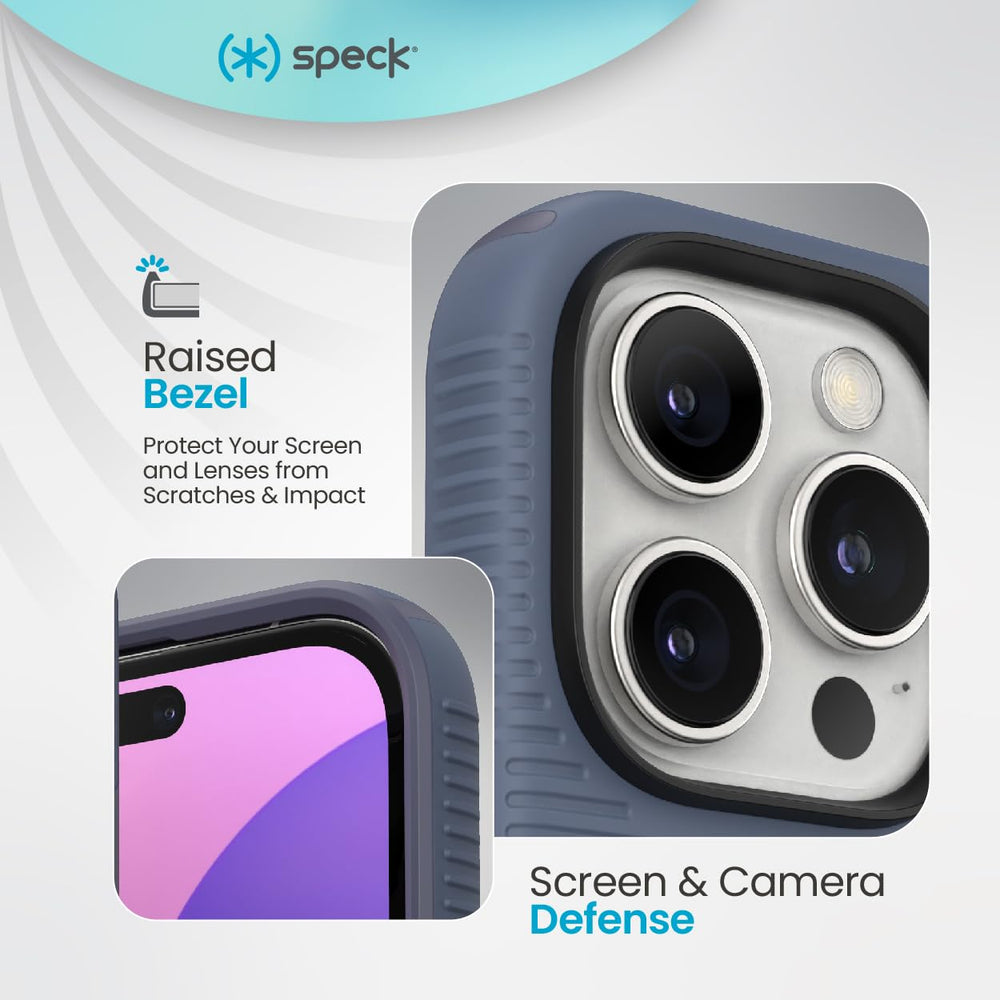 Speck CandyShell Grip Case raised bezel protects screen and camera.