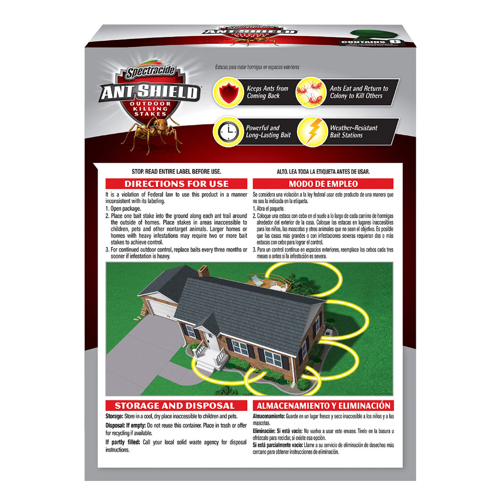 Spectracide Ant Shield carton contains six stakes for scalable coverage