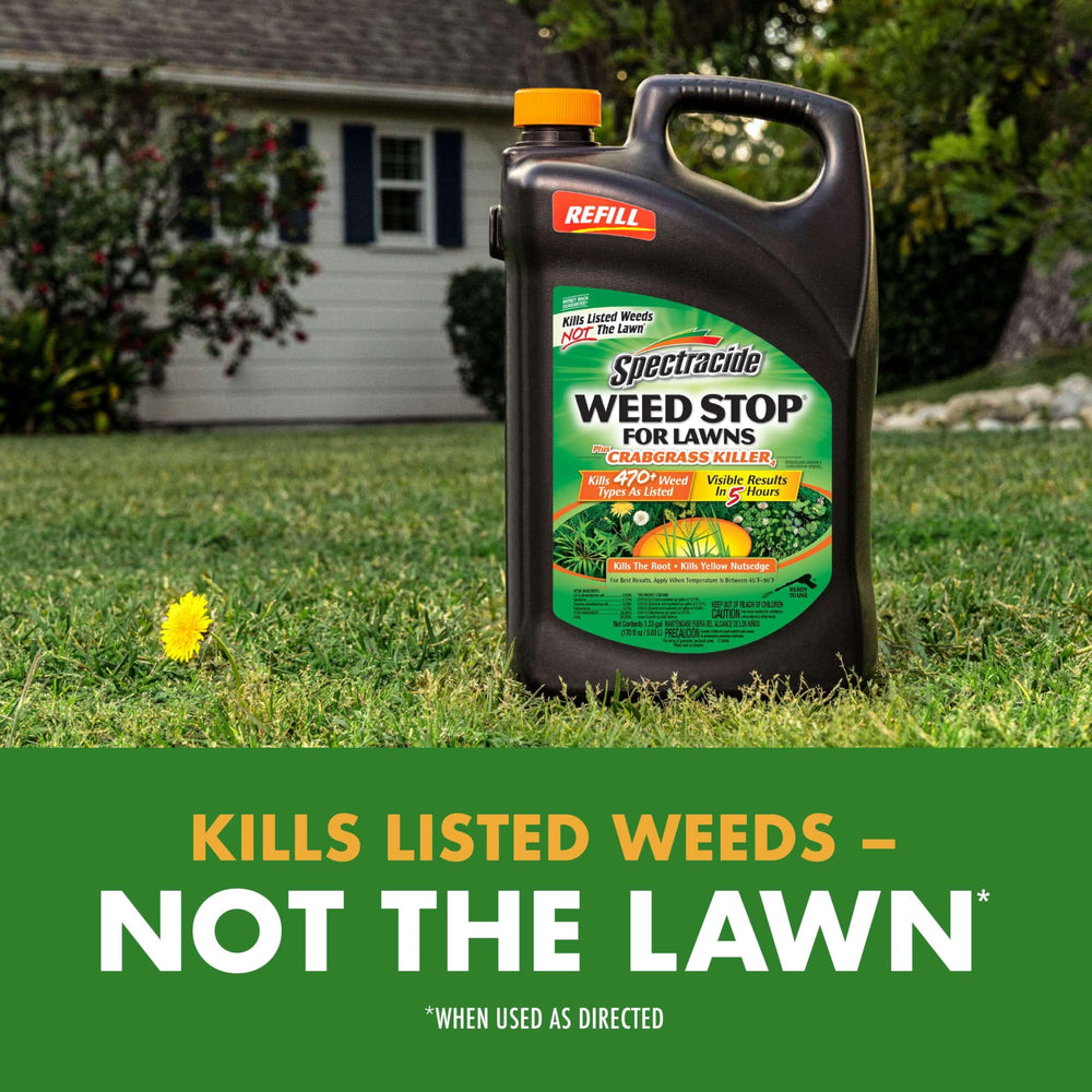 Spectracide Weed Stop bottle close-up ready for immediate lawn weed control.