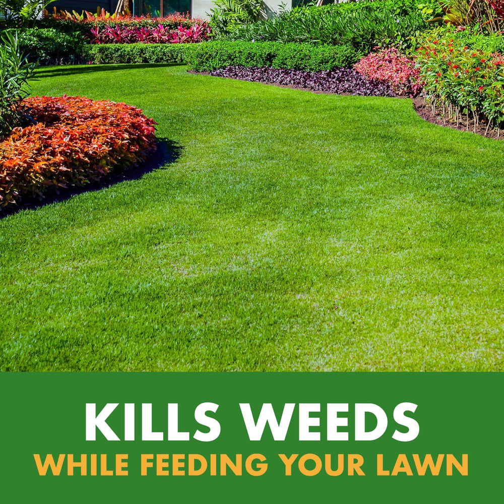 Spectracide Weed & Feed 20-0-0 bottle and nozzle shown for quick use