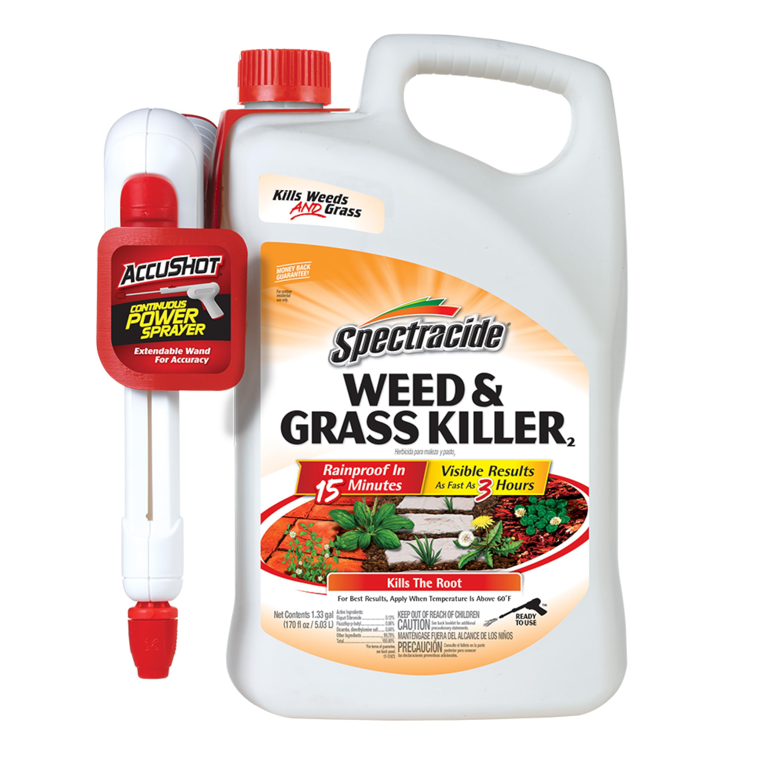 Spectracide Weed & Grass Killer with AccuShot wand enables precise spray around walkways.
