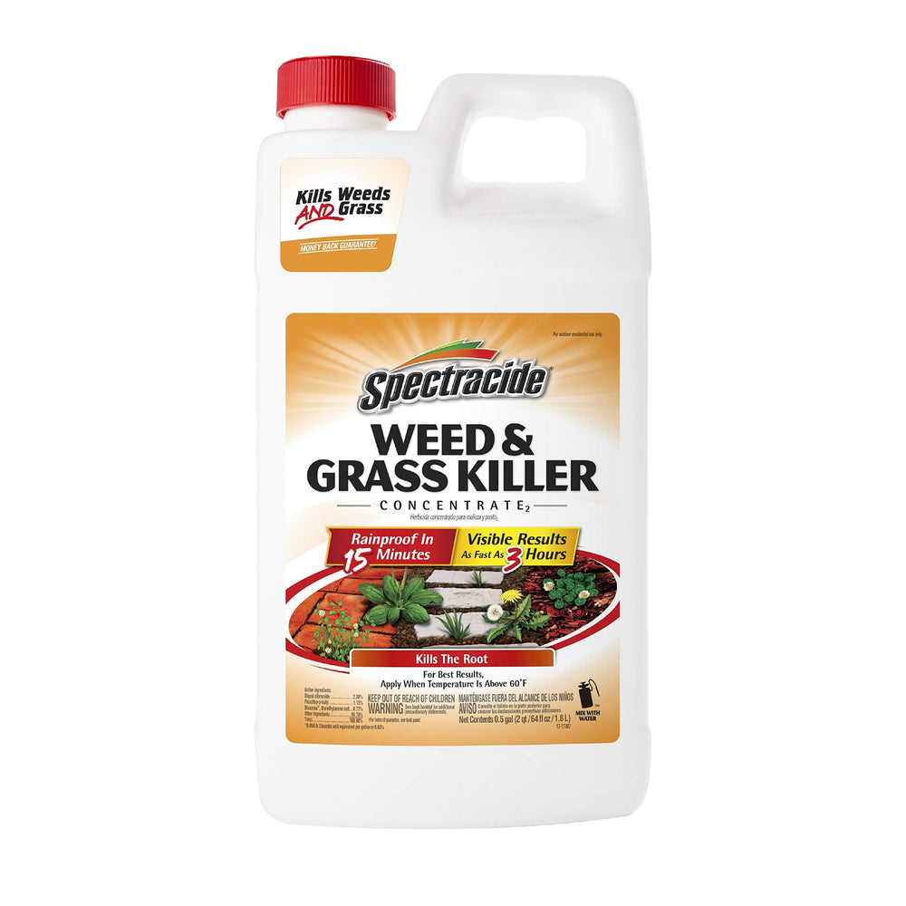 Spectracide Weed Killer Concentrate bottle being poured for spot treatment on cracks