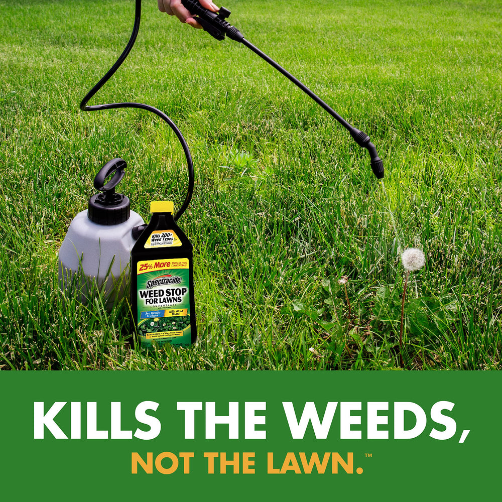 Label on Spectracide Weed Stop explains directions for safe lawn use.
