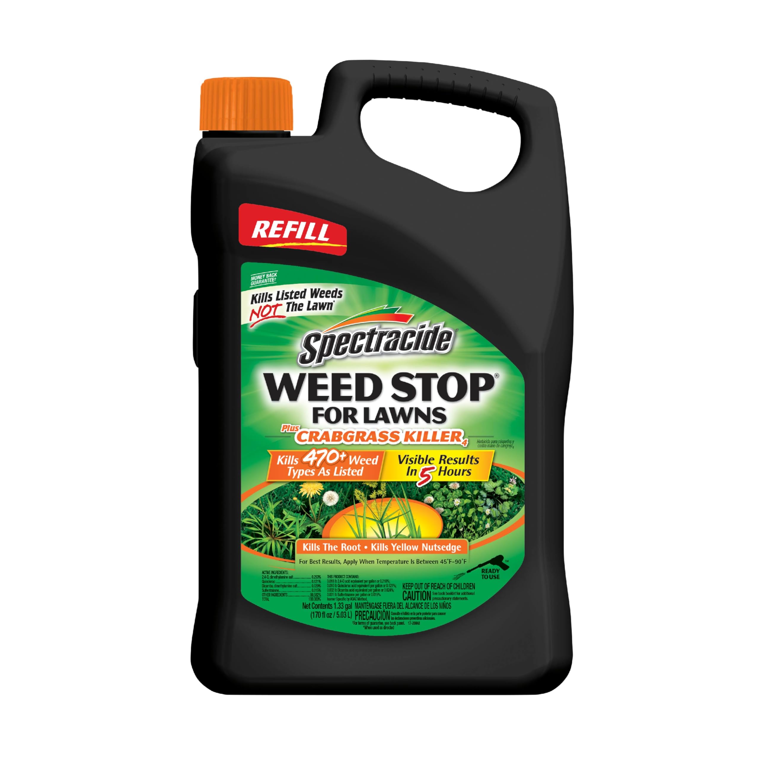 Spectracide Weed Stop refill bottle targets crabgrass and broadleaf weeds for lawn care.