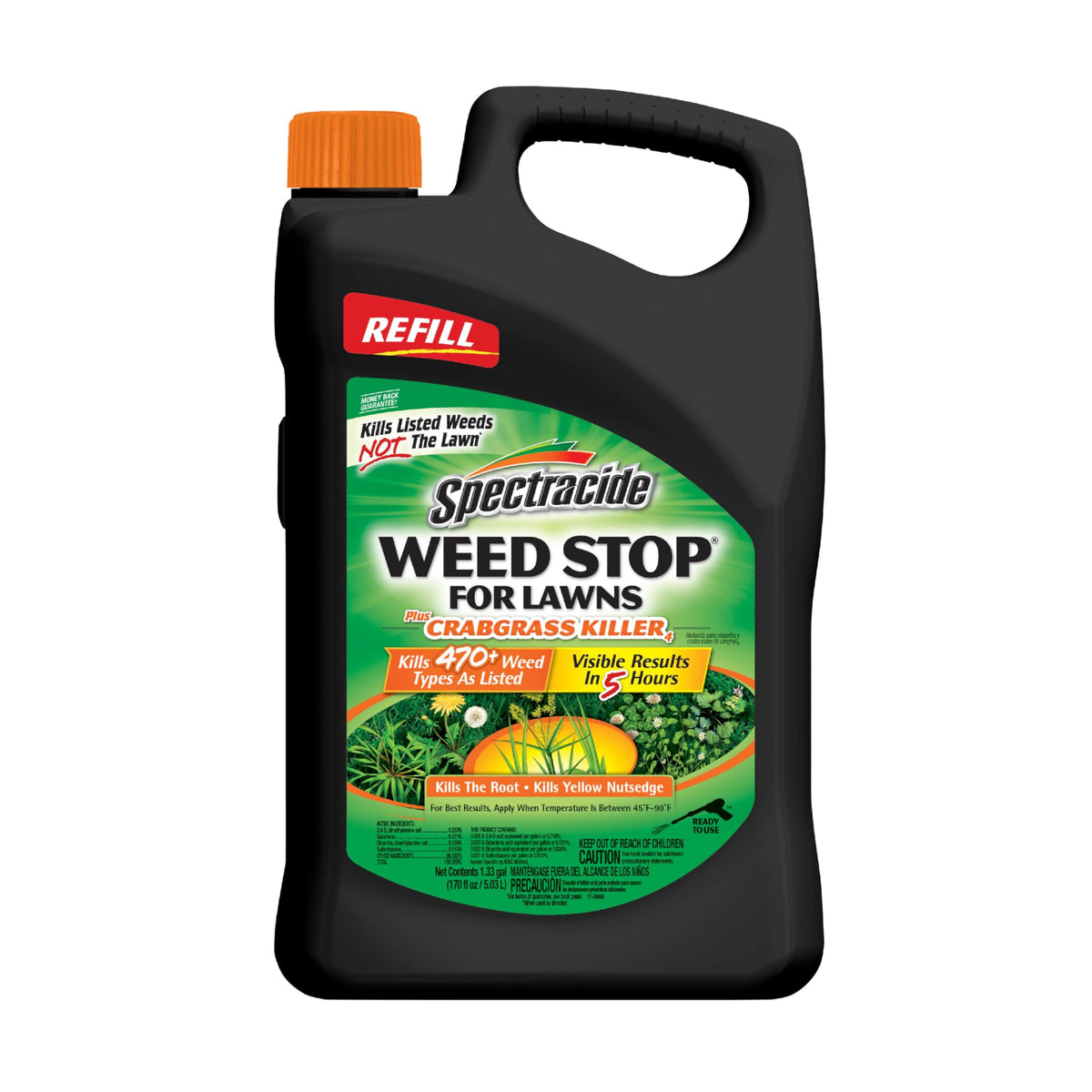Spectracide Weed Stop refill bottle targets crabgrass and broadleaf weeds for lawn care.
