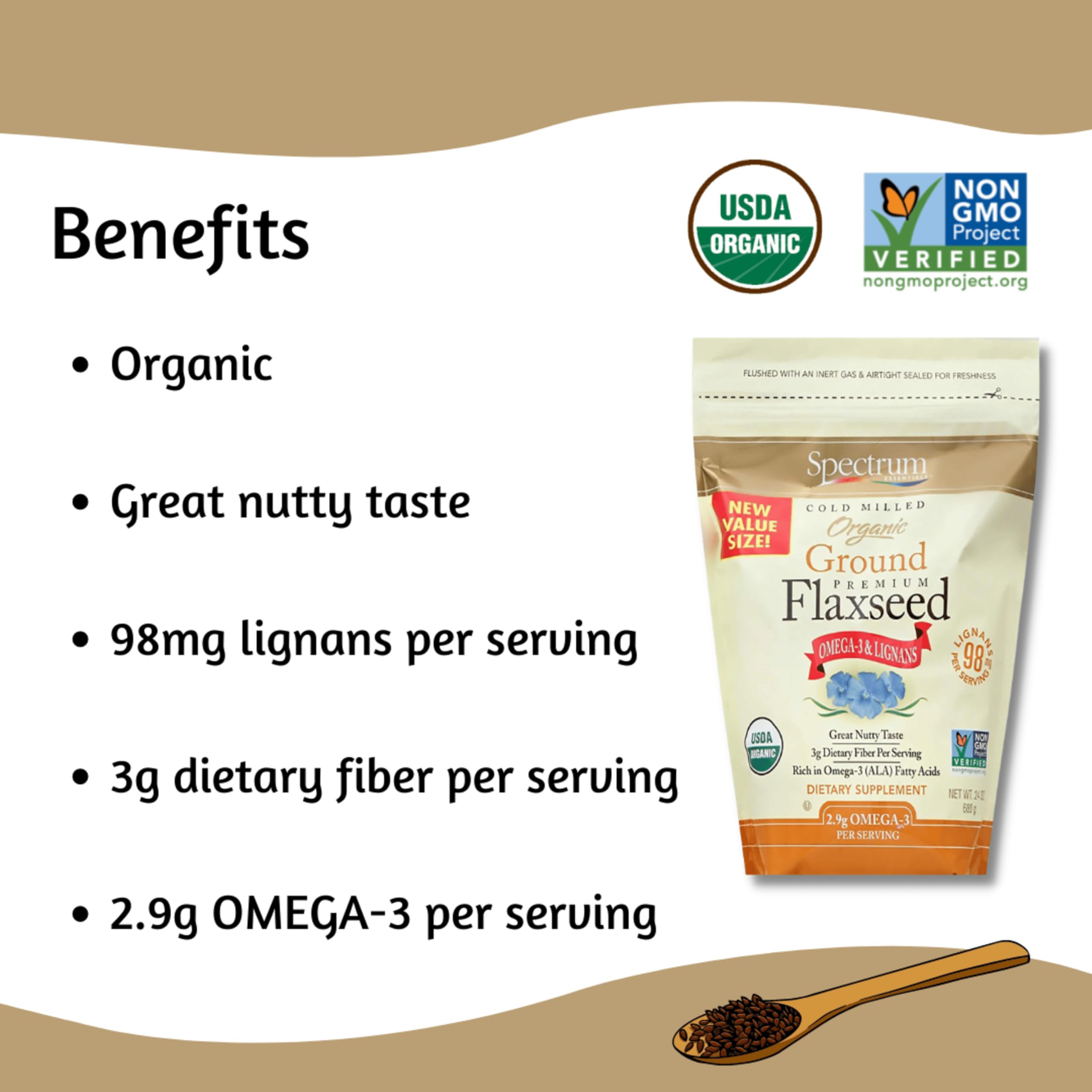 Spectrum Essentials Ground Flaxseed nutty aroma close-up highlighting flavor addition.