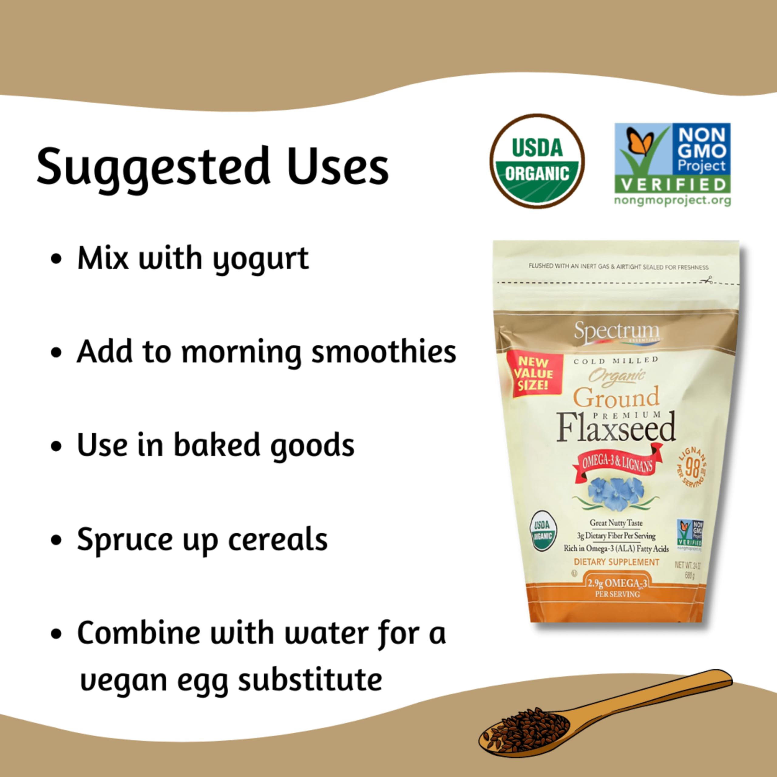 Spectrum Essentials Ground Flaxseed on yogurt adds nutty crunch.
