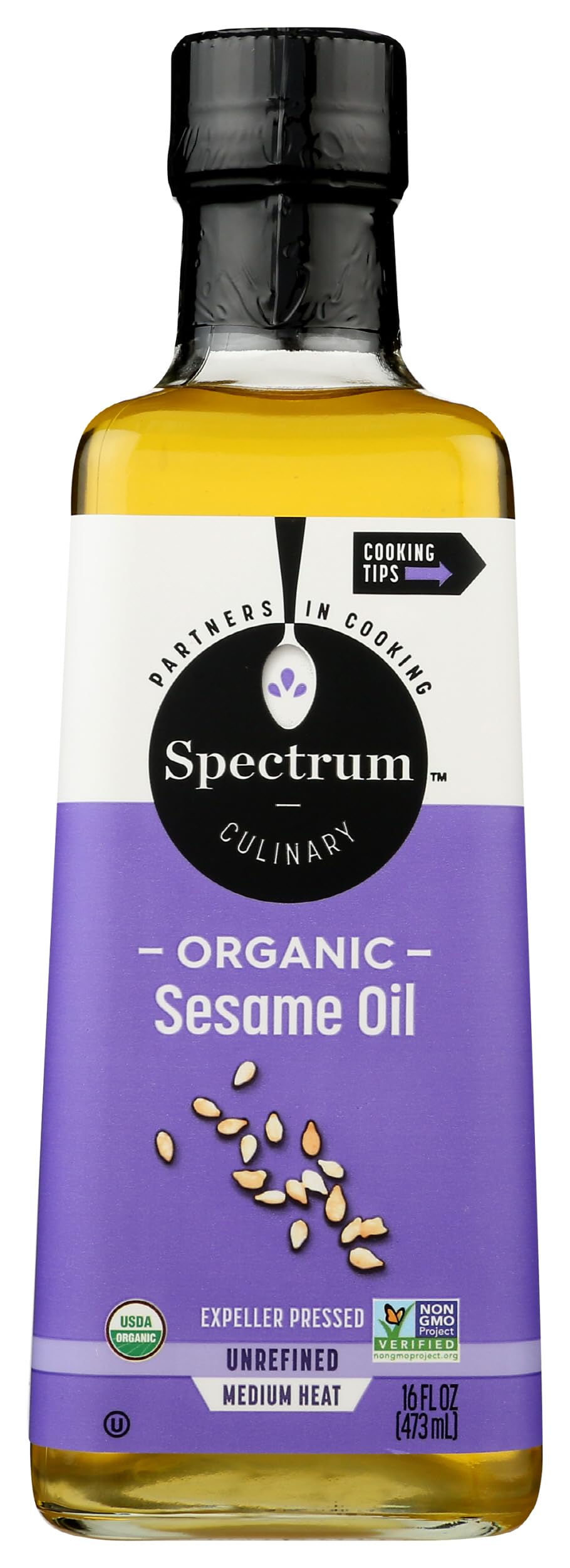 Spectrum Organic Sesame Oil bottle close-up showing nutty aroma for sautéing.