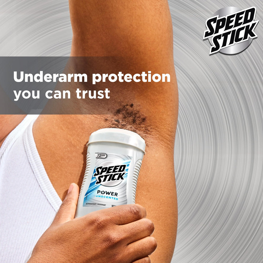 Speed Stick Power unscented deodorant stick close-up shows smooth glide.