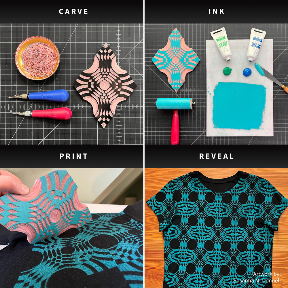 Speedball workflow in a studio with block printing ink set
