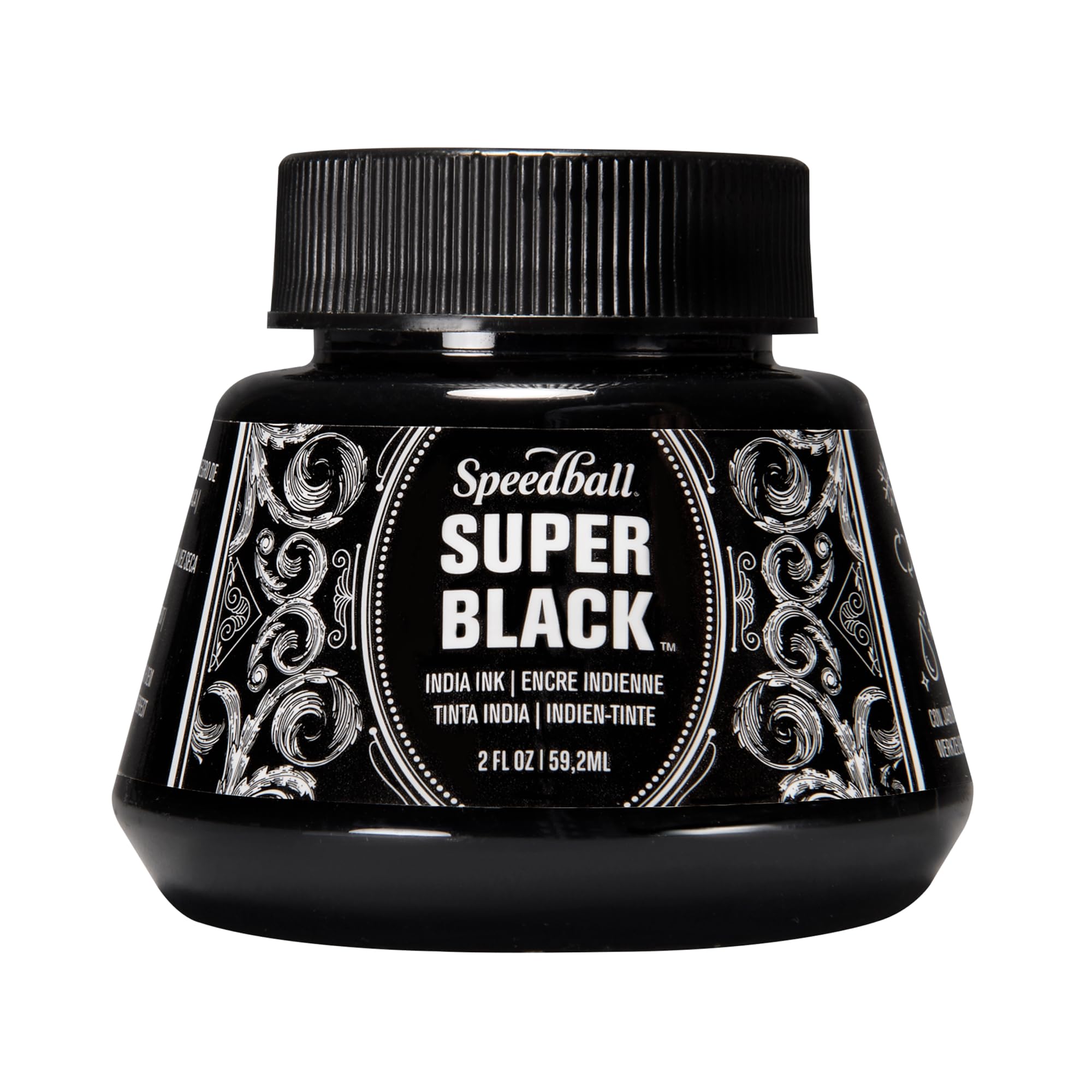 Speedball Super Black India Ink label shows premium pigment for crisp lines