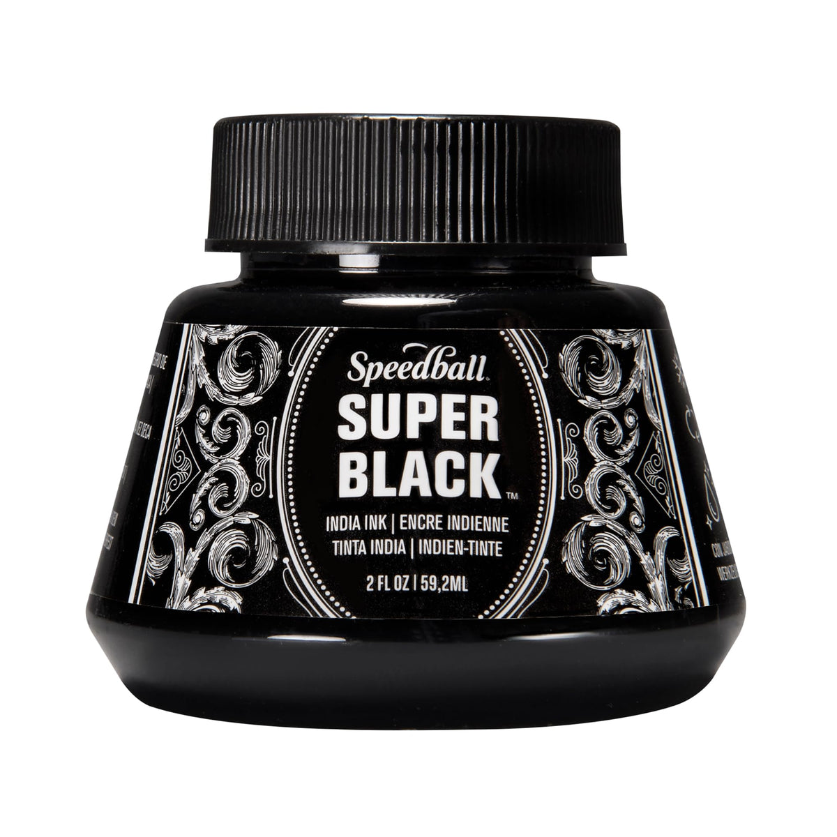 Speedball Super Black India Ink label shows premium pigment for crisp lines