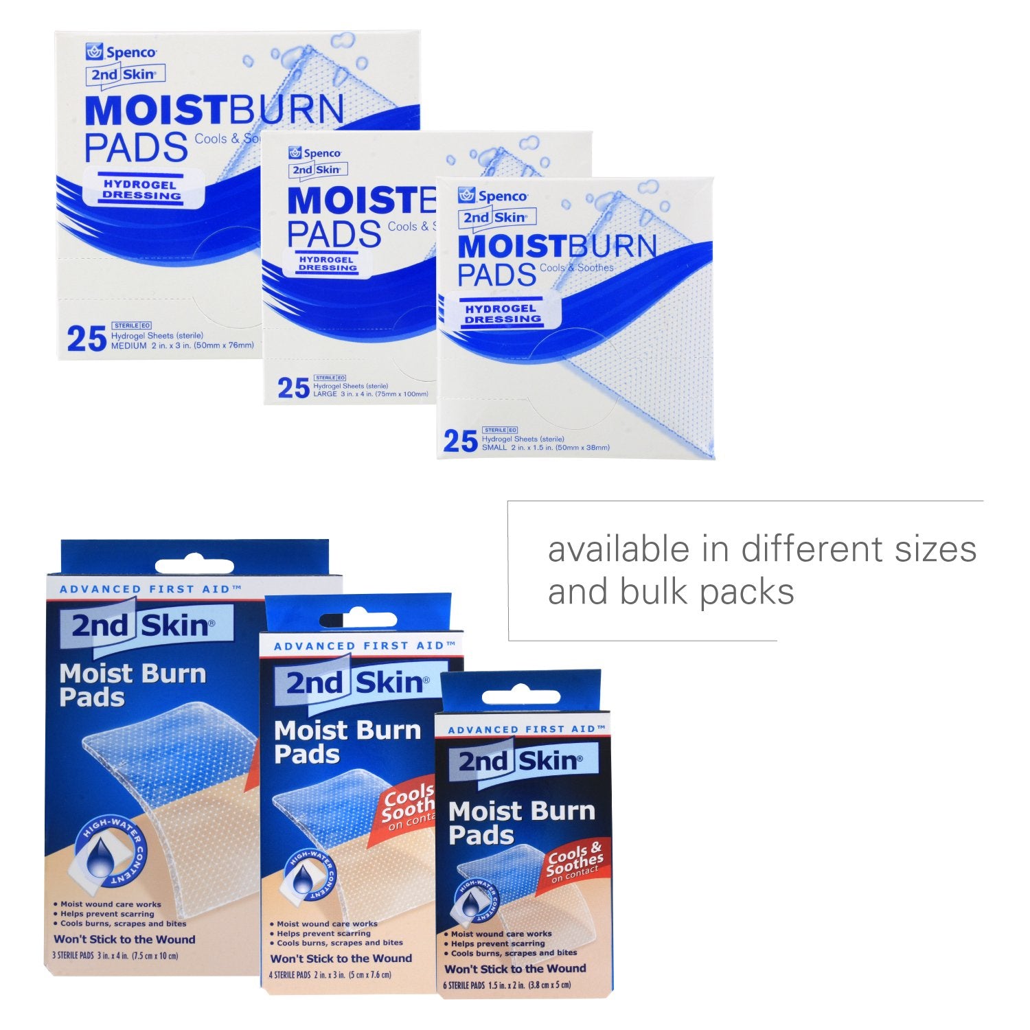 Spenco 2nd Skin Moist Burn Pad in sealed packet highlights latex-free, ready-to-use care.