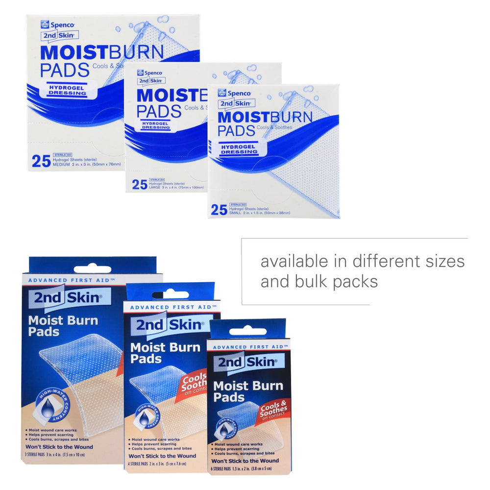 Spenco 2nd Skin Moist Burn Pad in sealed packet highlights latex-free, ready-to-use care.