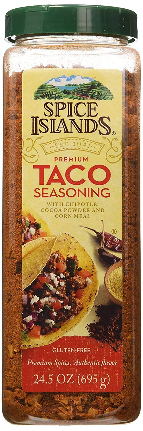 Spice Islands Premium Taco Seasoning jar close-up showcases bold flavor for tacos.