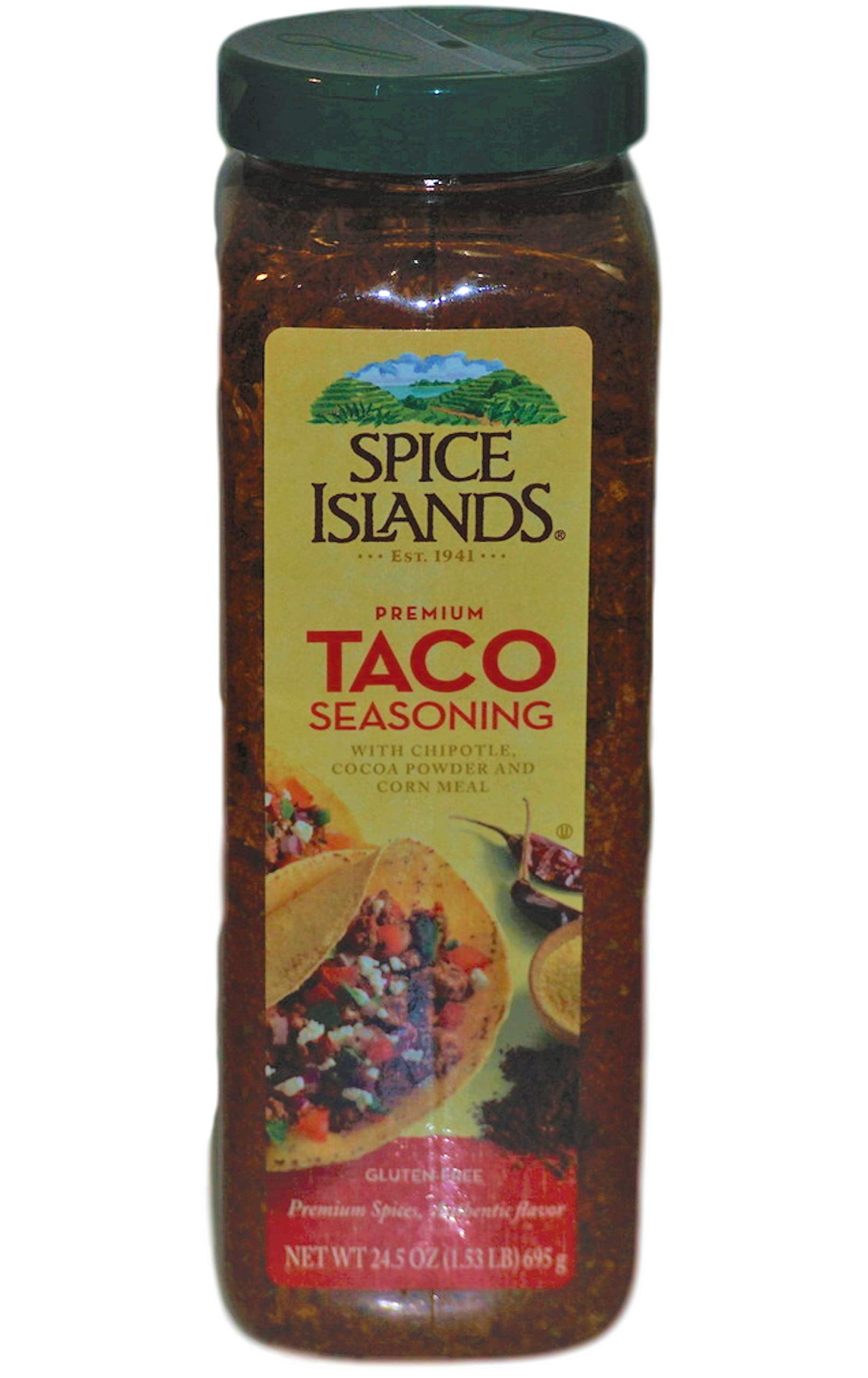Spice Islands Premium Taco Seasoning label close-up communicates quality and authenticity.