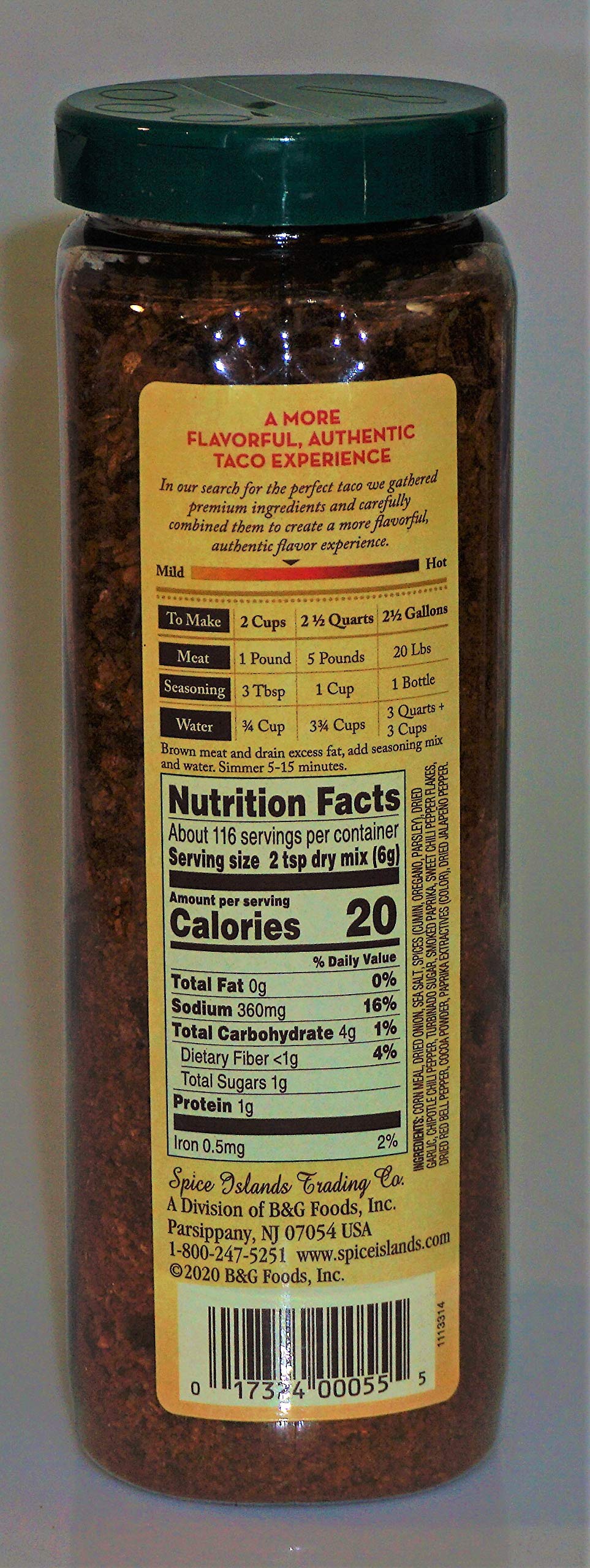 Spice Islands Premium Taco Seasoning bottle pouring demonstrates quick, flavorful weeknight seasoning.