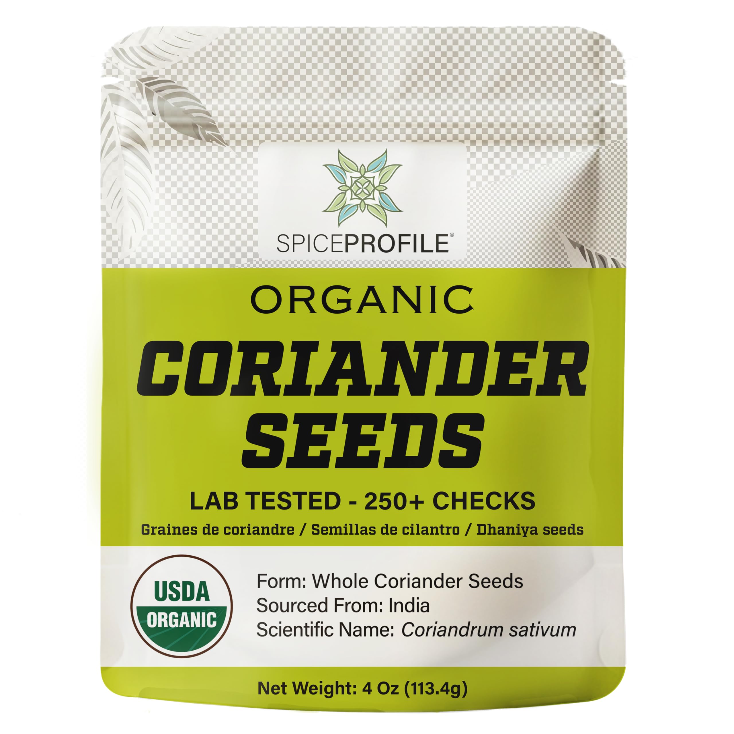 Spice Profile coriander seeds pack shot, showcasing organic quality and aroma.