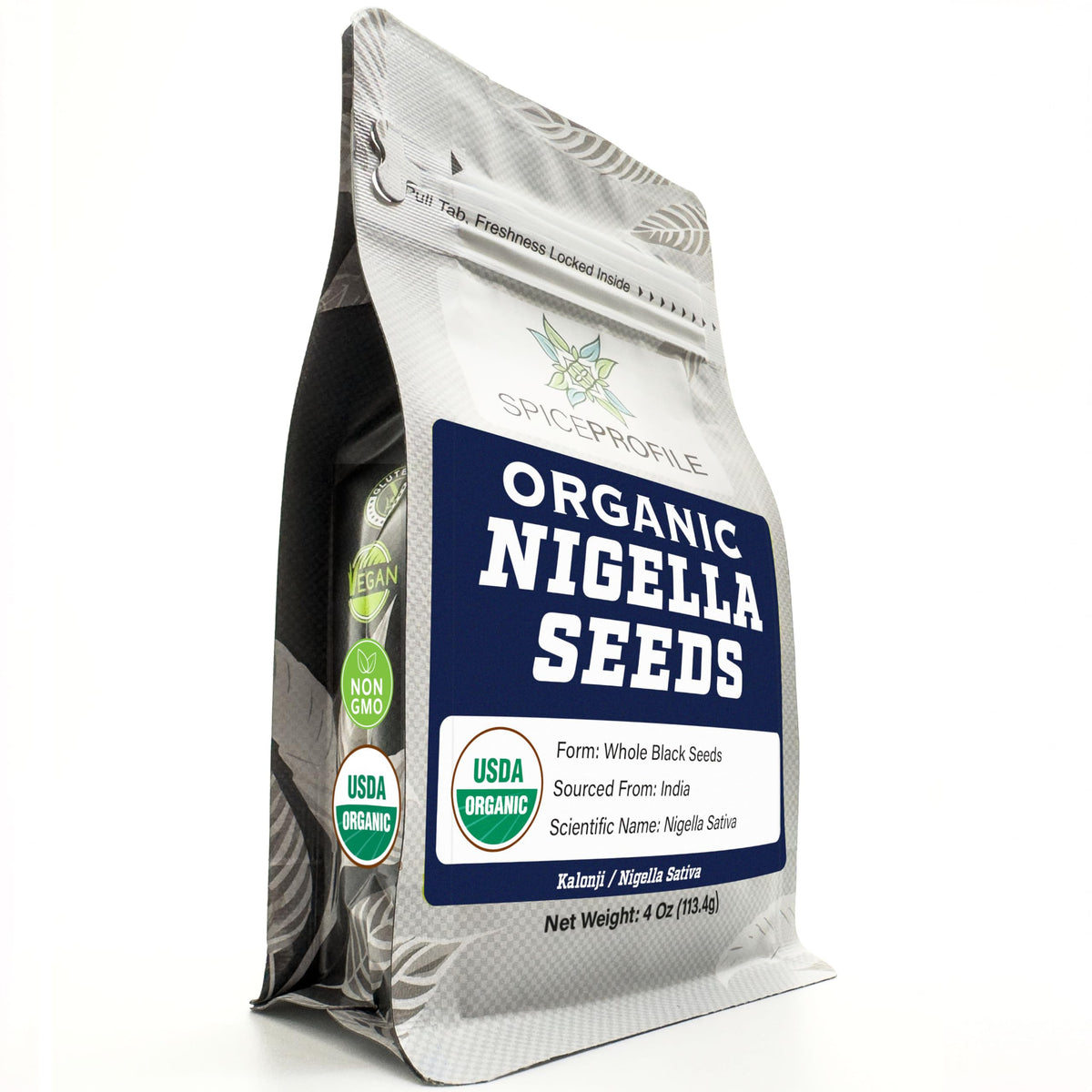 Spice Profile Nigella seeds in a 4oz pouch front emphasizing resealable packaging and freshness.