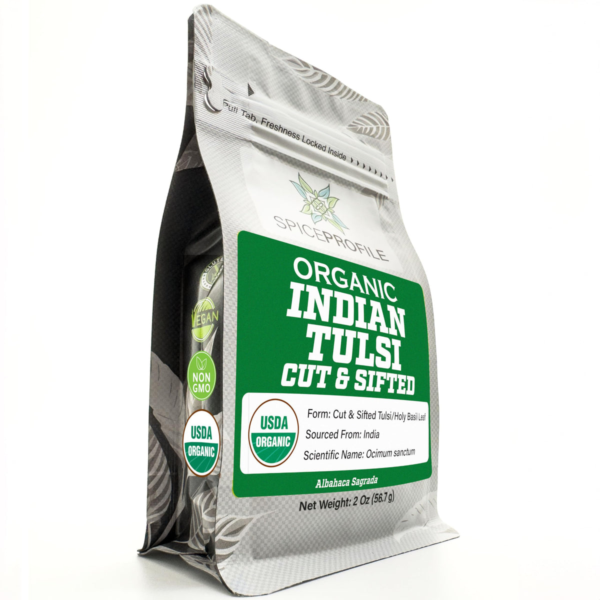 Spice Profile USDA Organic Tulsi leaves close-up, fresh and fragrant for tea