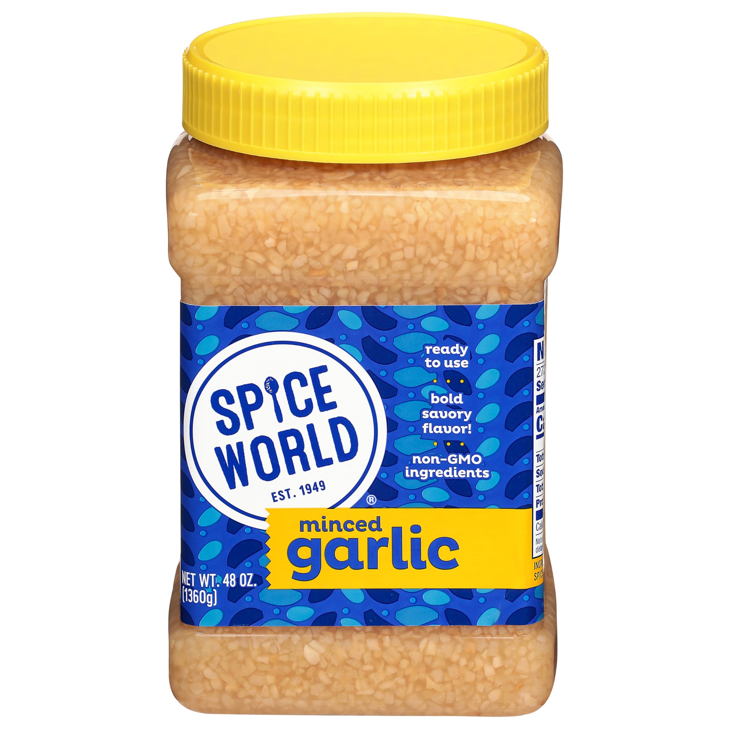 Spice World Minced Garlic bulk jar on counter offering ready-to-use flavor for easy weeknight meals.