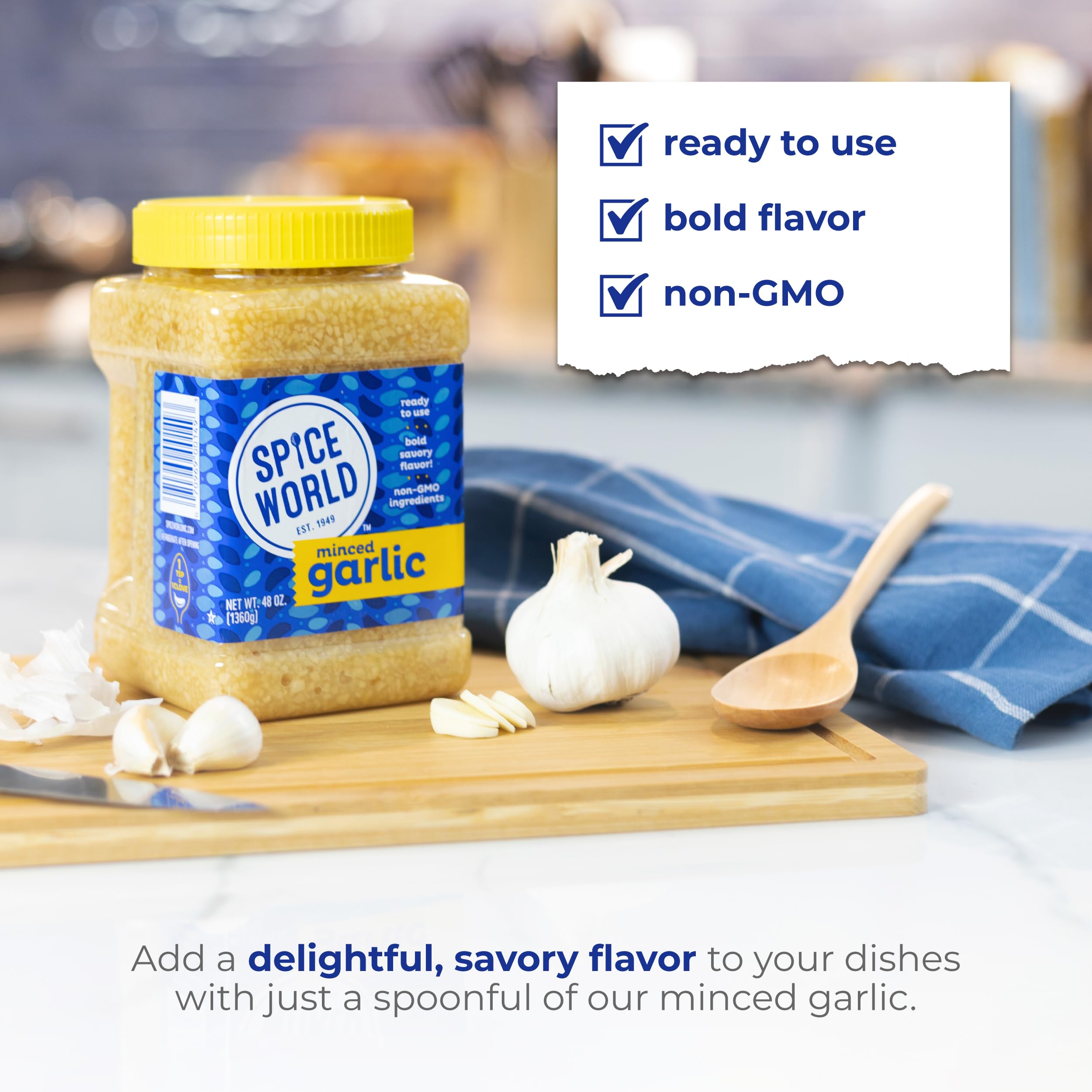 Spice World Minced Garlic ready on a busy kitchen counter for quick meals.
