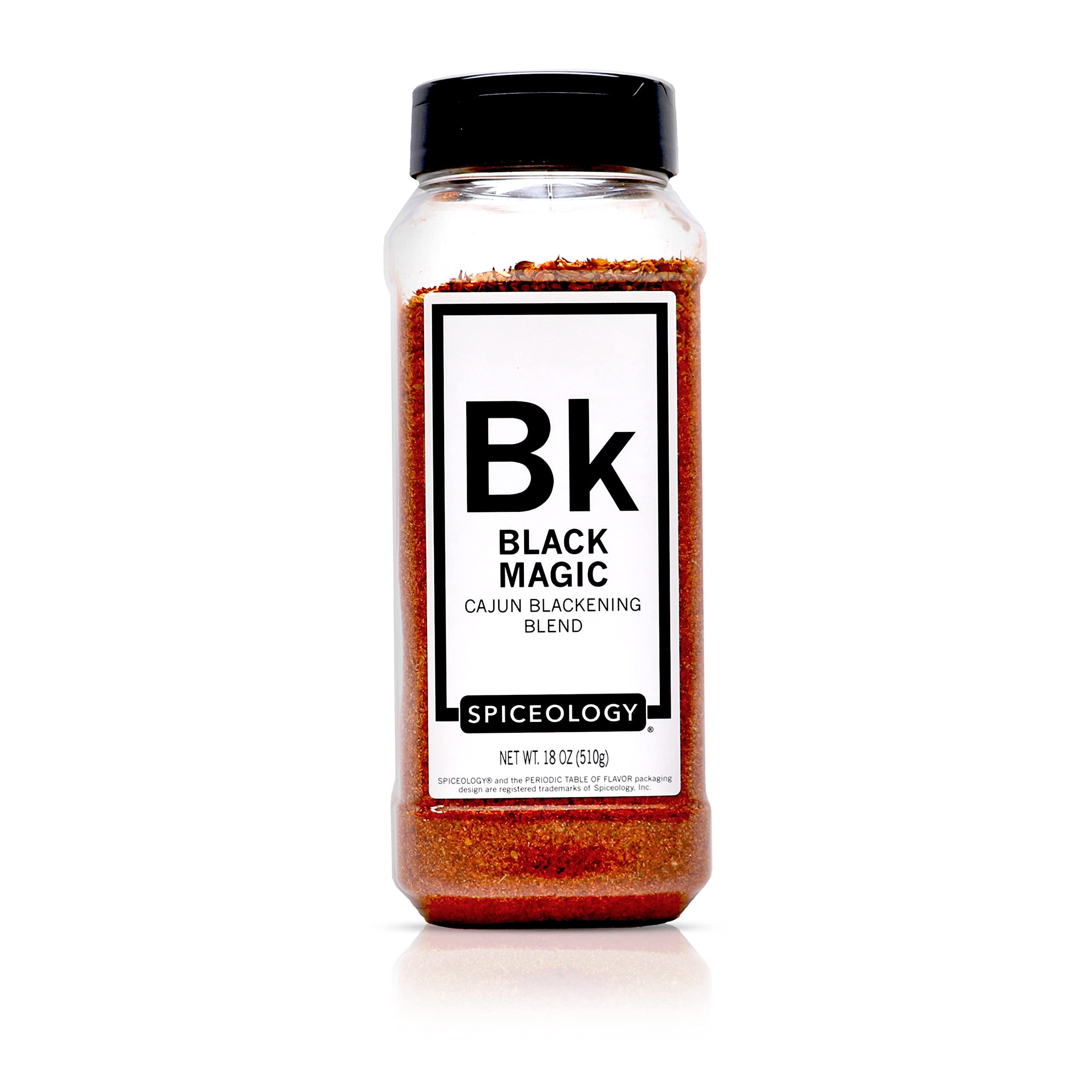 Spiceology Black Magic bottle pour showing bold Cajun aroma for flavorful weeknights